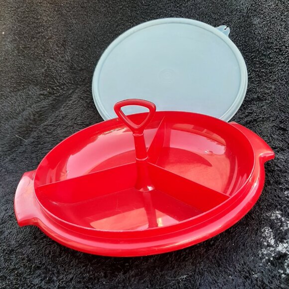 Tupperware Red Suzette 3 Part Divided Dish Relish Serving Platter  8" D - Picture 1 of 6